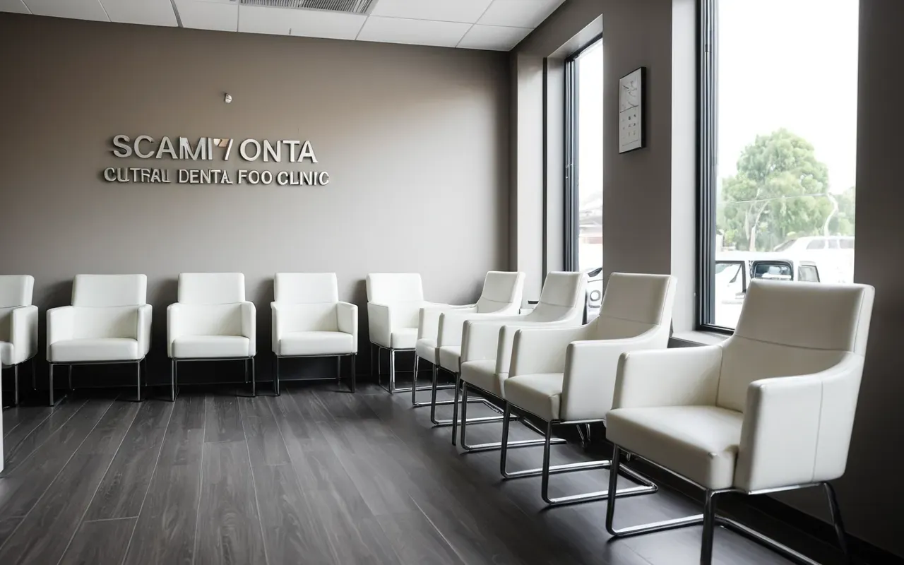 modern klinik ortamı Close-up of a modern minimalist dental clinic waiting area with white leather chairs and soft natural light from large windows