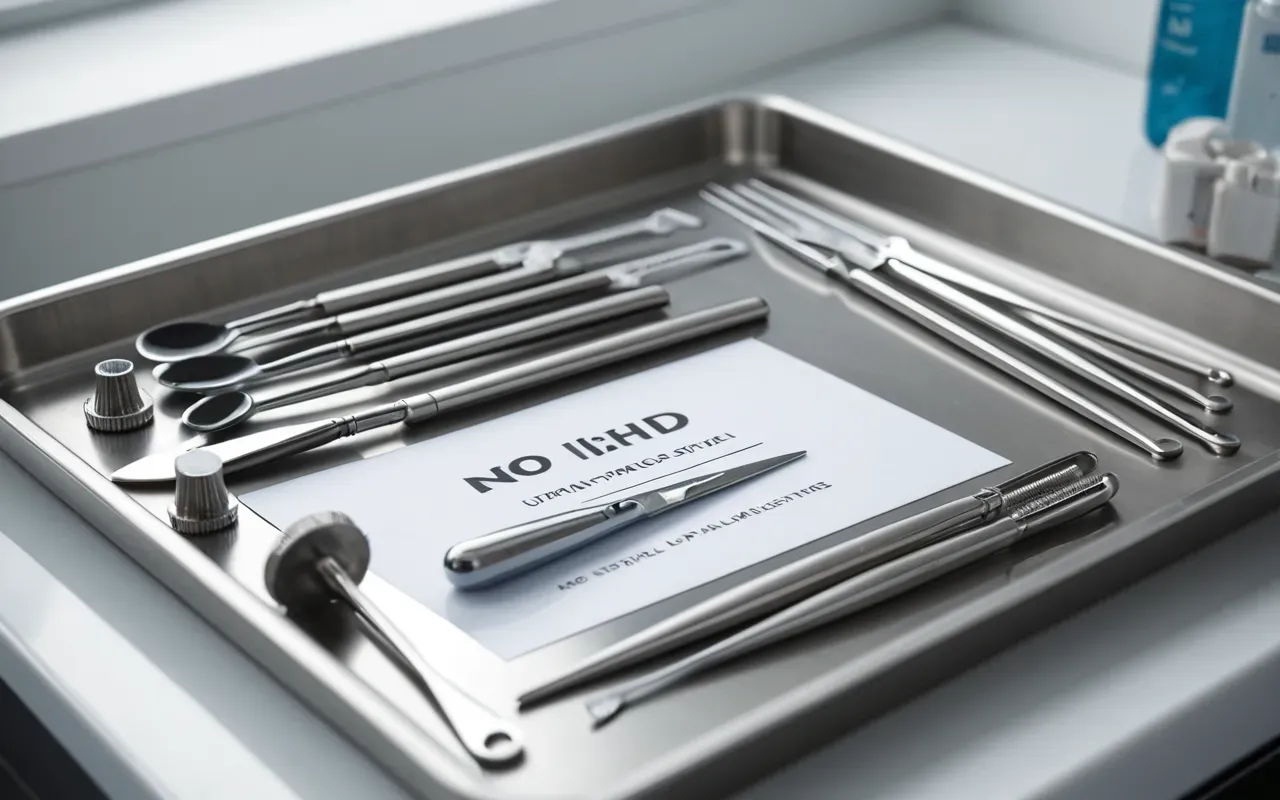 sterile dental instruments close up Close-up of modern stainless steel dental instruments arranged on a sterile white tray with soft diffused lighting, clinical hygiene focus