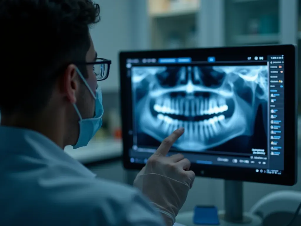 Close-up shot of a dental professional examining a digital X-ray screen in a dimly lit modern office. The dentist is wearing glasses and pointing at specific teeth details on the glowing monitor while explaining to an attentive patient sitting nearby.