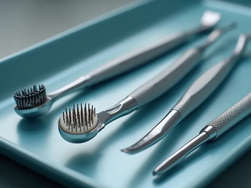 Close up shot of modern dental tools arranged neatly on sterile metal tray with soft lighting highlighting precision instruments used for high quality cosmetic dentistry procedures.