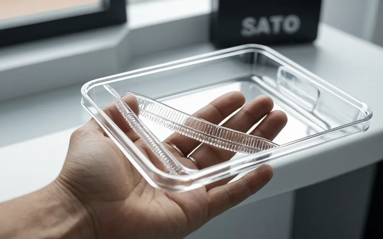 şeffaf plak Close up view of a transparent dental aligner tray being held by hand. The background is softly blurred showing a bright modern workspace.
