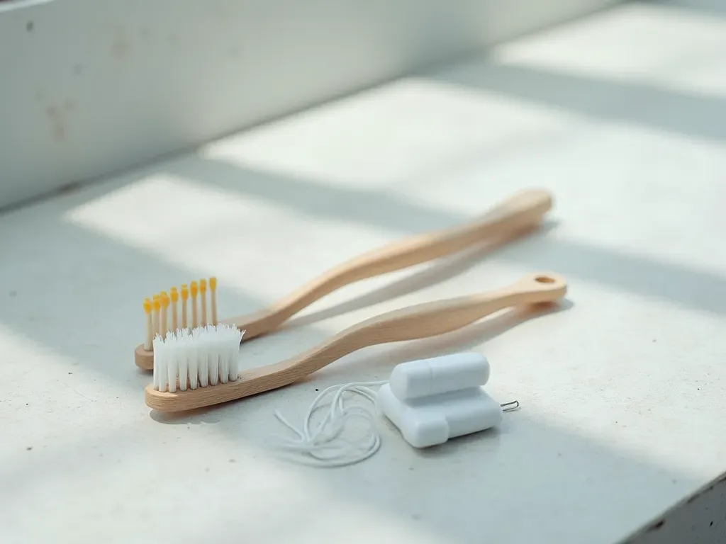 ağız bakımı ürünleri Editorial still life of a modern toothbrush and dental floss on a light concrete surface with soft diffused lighting and minimal shadows.
