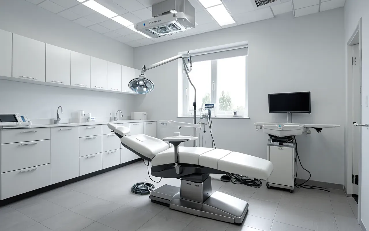 cerrahi oda detayı Interior of a modern dental surgery room with stainless-steel equipment and clean white surfaces under bright clinical lighting