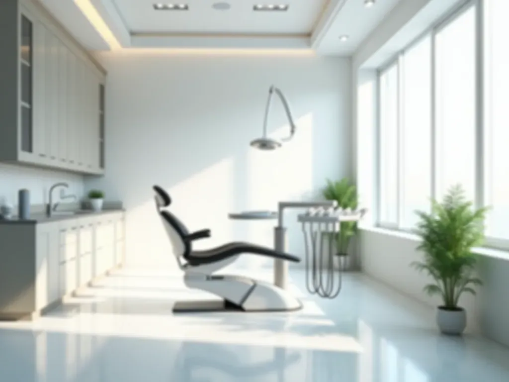 modern klinik içi Interior of a modern minimalist dental office with clean white lines, soft natural lighting from large windows, and a single comfortable patient chair in focus.