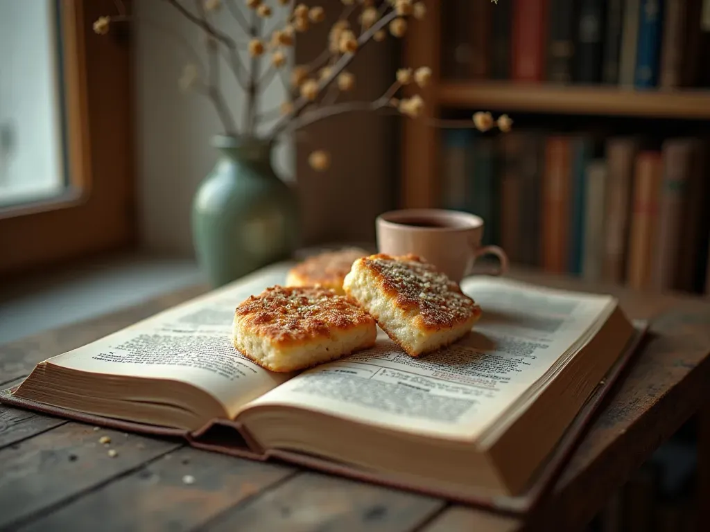 Minimalist ahşap sehpada açık tıbbi kitap, gümüş kalem, beyaz seramik tabak ve yumuşak pencere ışığı