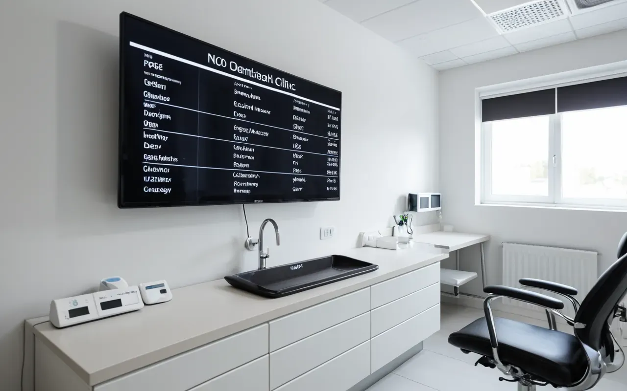 dental clinic consultation setup Modern dental clinic consultation room with digital monitor displaying patient records and clean white interior design, professional setting