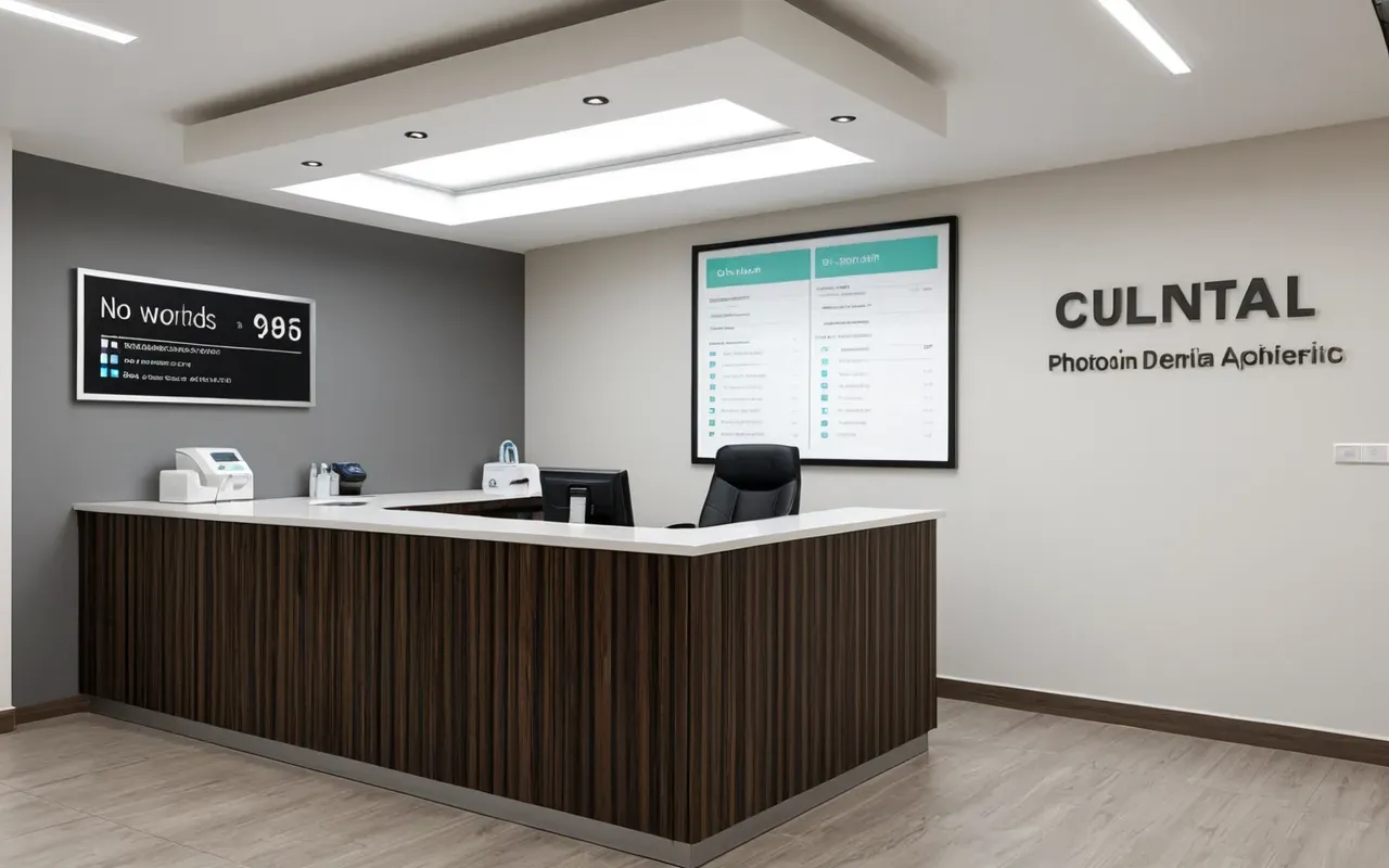 multilingual dental clinic setup Modern dental clinic reception desk with multilingual patient information materials and clean contemporary design elements