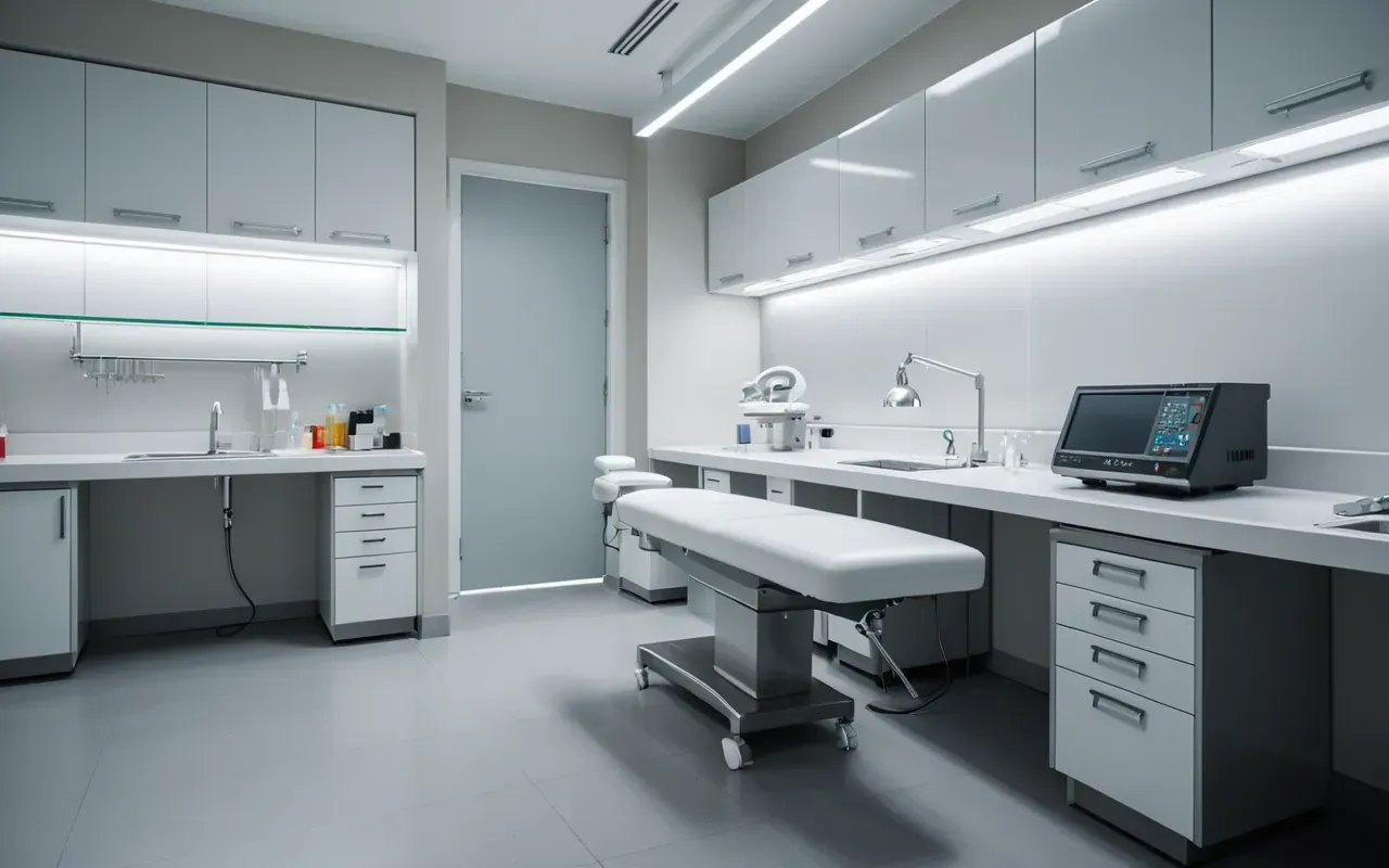 dental laboratory equipment setup Modern dental laboratory bench with ceramic materials and precision tools under bright clinical lighting, clean organized workspace