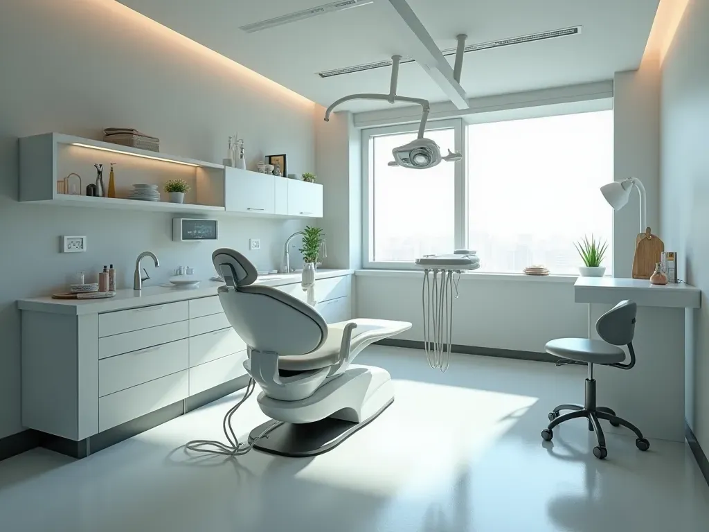 Modern minimalist dental klinik bekleme alanı, açık renk ahşap sandalyeler, geniş cam panjurlar, yumuşak gün ışığı ve temiz geometrik zemin kaplaması