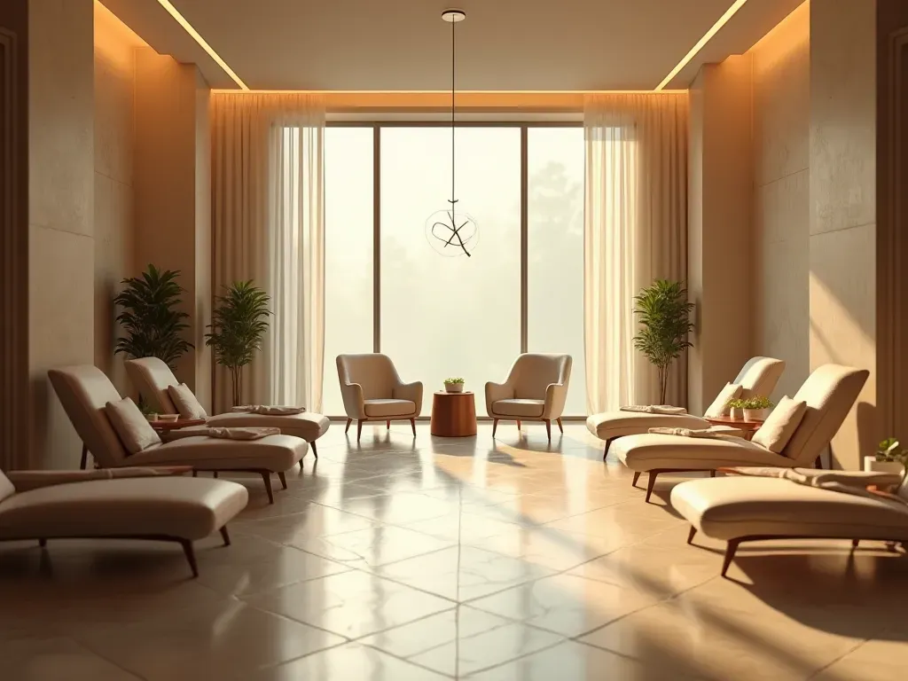 Serene hotel spa interior with comfortable lounge chairs soft lighting and calm atmosphere designed for relaxation after medical treatment showing peaceful recovery environment.