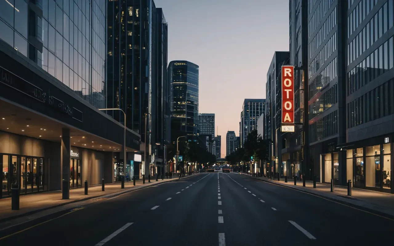 şehir manzarası Wide shot of a modern city street at dusk with glass buildings and soft ambient lighting creating a calm urban atmosphere