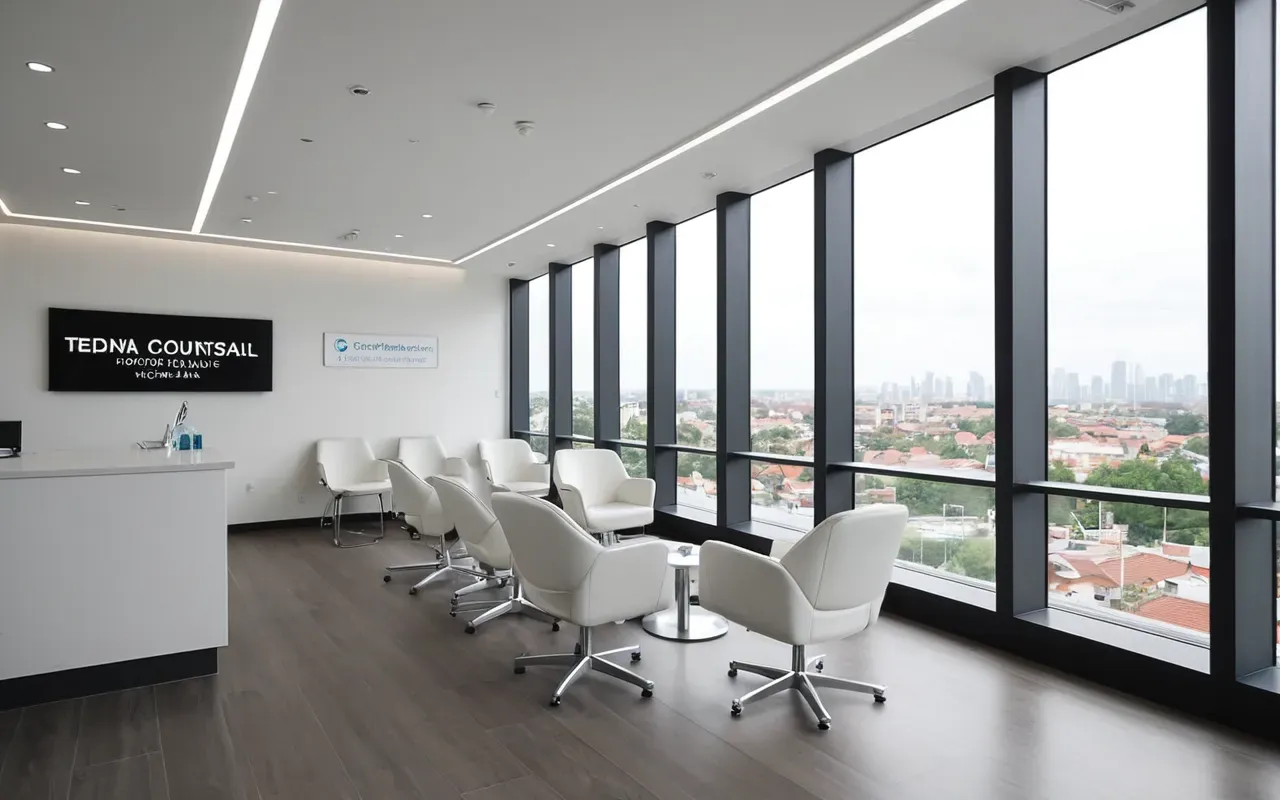 modern dental clinic interior Wide shot of a modern minimalist dental clinic waiting area with clean white chairs, soft ambient lighting, and large windows showing blurred city view