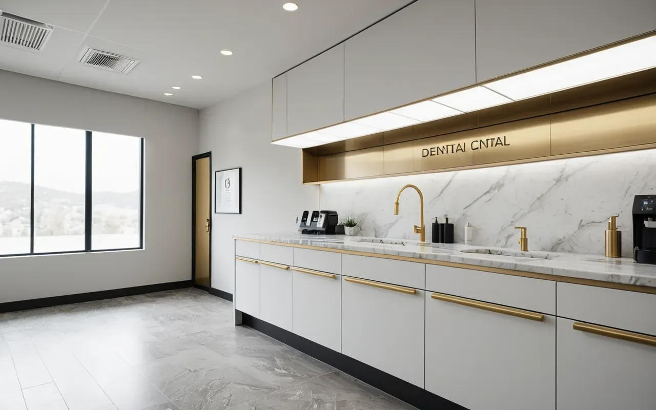 modern klinik iç mekanı Wide shot of a modern minimalist dental clinic interior with marble countertops, brushed brass fixtures, soft natural daylight, editorial photography