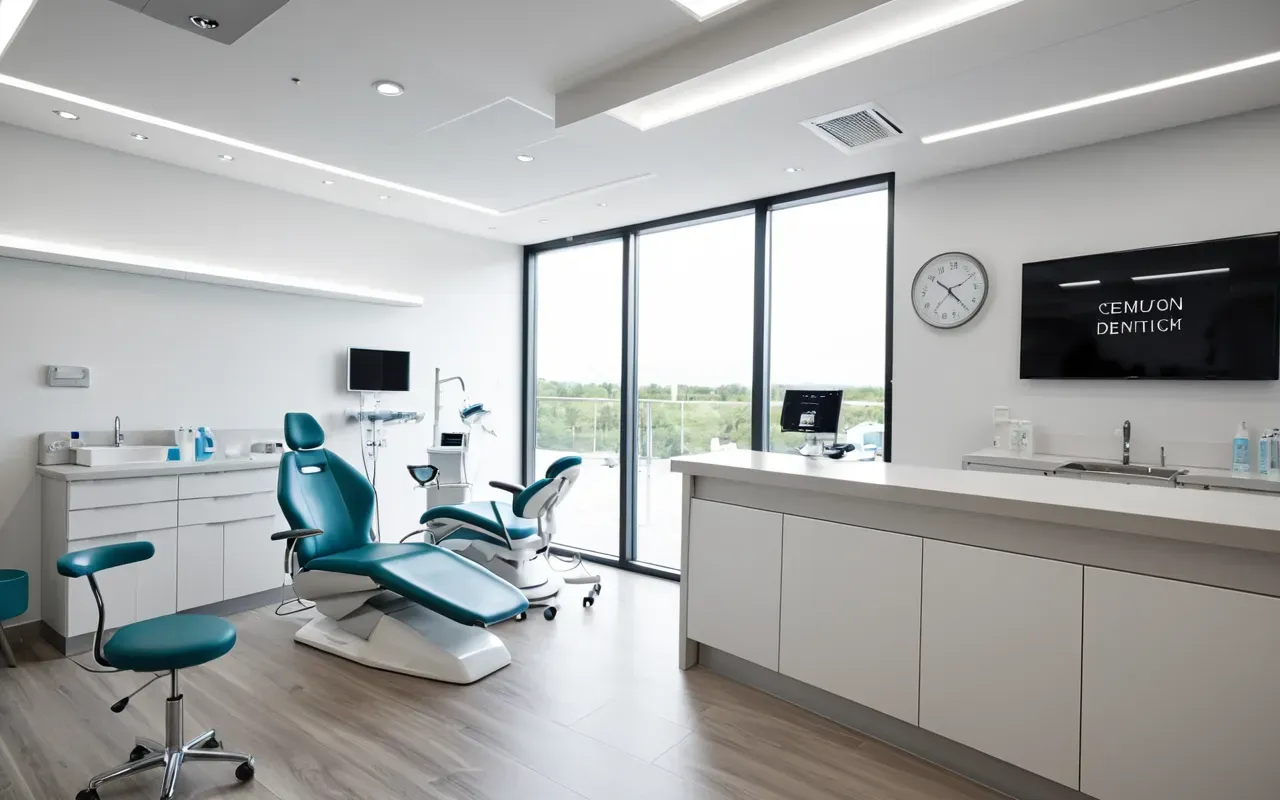 A bright modern dental clinic reception area with white minimalist furniture and a calm atmosphere. A professional dentist in scrubs stands near high-tech equipment.