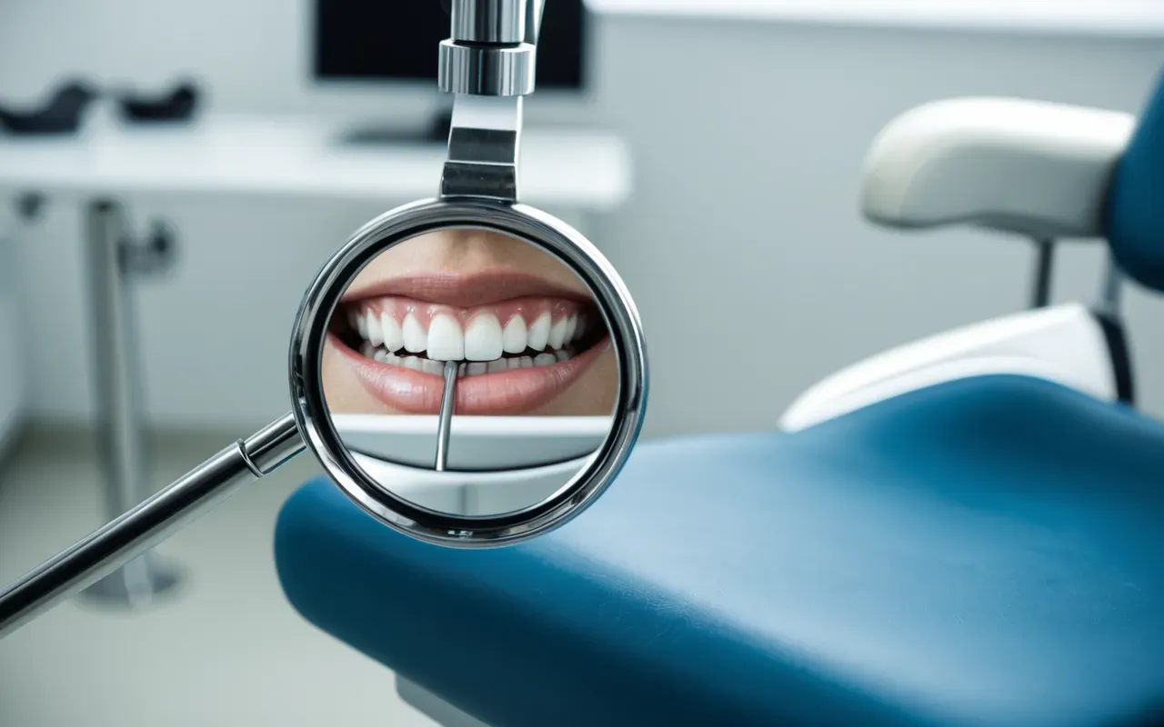 estetik diş şekillendirme A close up of a dental mirror and probe examining the alignment and symmetry of upper teeth in good lighting inside a modern clinic chair with blue accents.