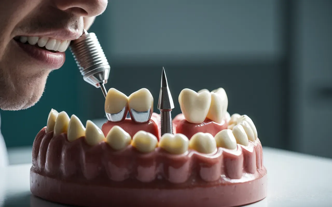 A close-up of a dental professional using precision tools on a model tooth under bright clinical lighting.