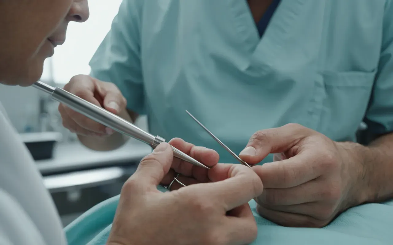 konservatif diş estetiği A close-up of a dental professional's hands using fine instruments to gently refine the edge of a single tooth in a bright modern clinic setting with soft lighting and no visible text or logos.