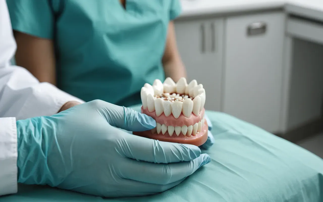 A close up of a dentist's gloved hands holding a small white zirconia tooth crown near a bright clean medical examination table with soft natural light.