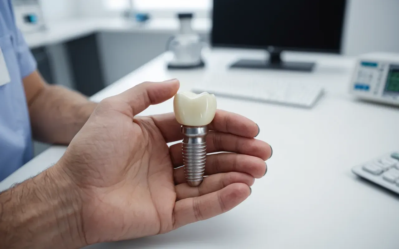 A close-up of a dentist's hands holding a dental implant model. The background is blurred showing a modern office space with white surfaces and medical equipment.