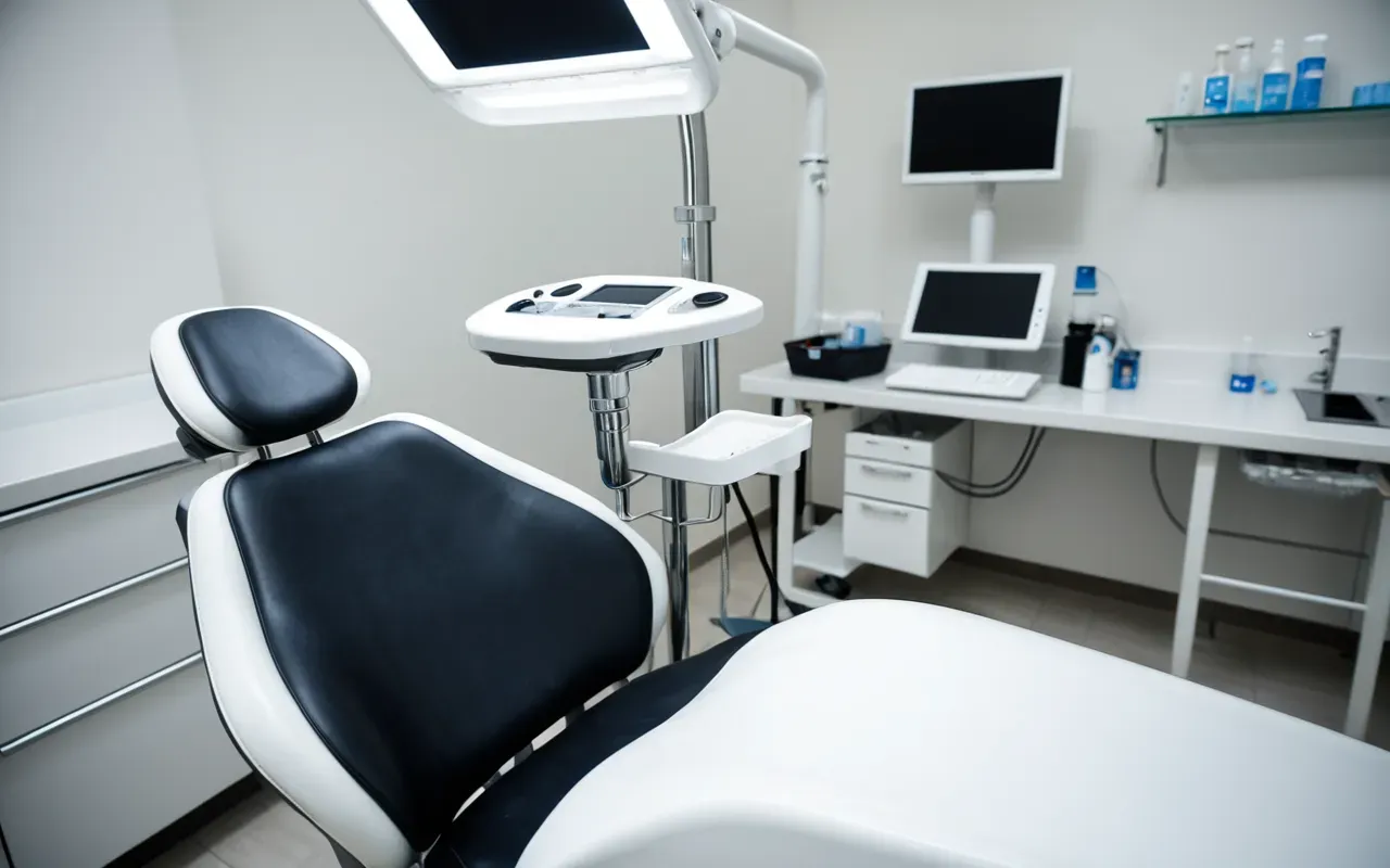 A close-up of a modern dental chair with high-tech equipment and clean white surfaces. A dentist in gloves is adjusting the headrest.