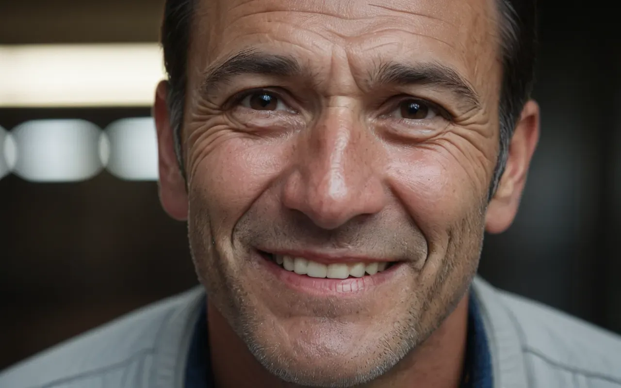 yüz kasları hareketi A close-up of a person's face showing a forced smile with visible tension in the jaw muscles and forehead wrinkles under bright studio lighting.