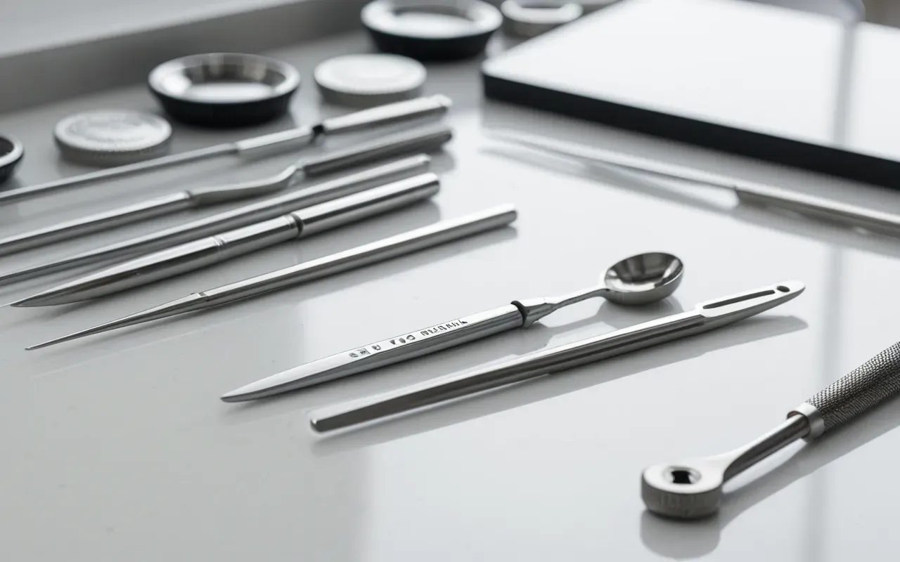A close up of precision dental instruments arranged on a clean white surface with soft natural light highlighting the metallic textures and sharp edges.