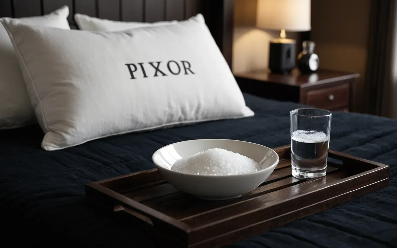 A close-up shot of a modern white pillow placed on a dark wooden bed frame in a dimly lit bedroom. A small glass bowl containing water and salt sits next to the pillow, with soft blue ambient lighting creating a calm yet tense atmosphere.