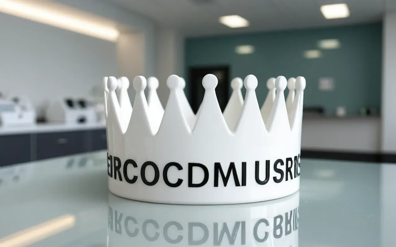 A close-up view of a bright white ceramic dental crown resting on a clean glass surface in a modern clinic environment with soft natural lighting and minimal background details.