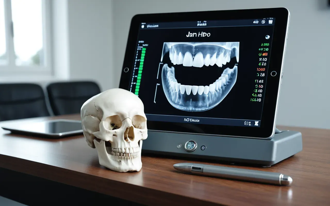 implant tedavisi A close-up view of a dental implant model on a desk next to a digital tablet showing a 3D scan of jaw bones in a modern medical office with soft lighting.