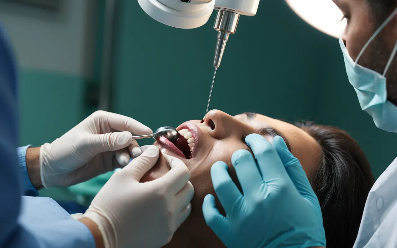 diş tedavisi süreci A close-up view of a dentist's hands performing a precise procedure on a patient. The lighting is soft and focused, highlighting the sterile environment and the advanced tools being used in the dental chair.