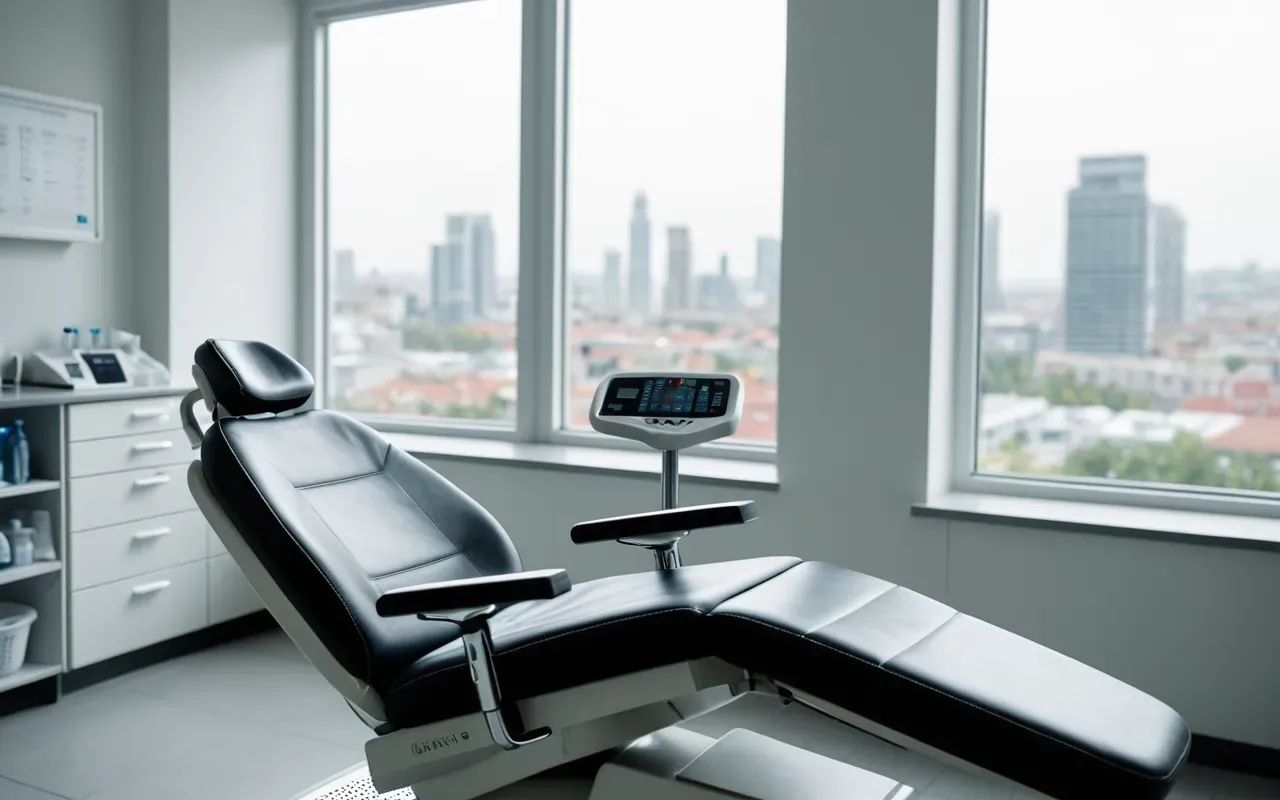A close-up view of a modern dental chair in a bright and clean clinic room with soft natural lighting from large windows showing blurred city lights outside.