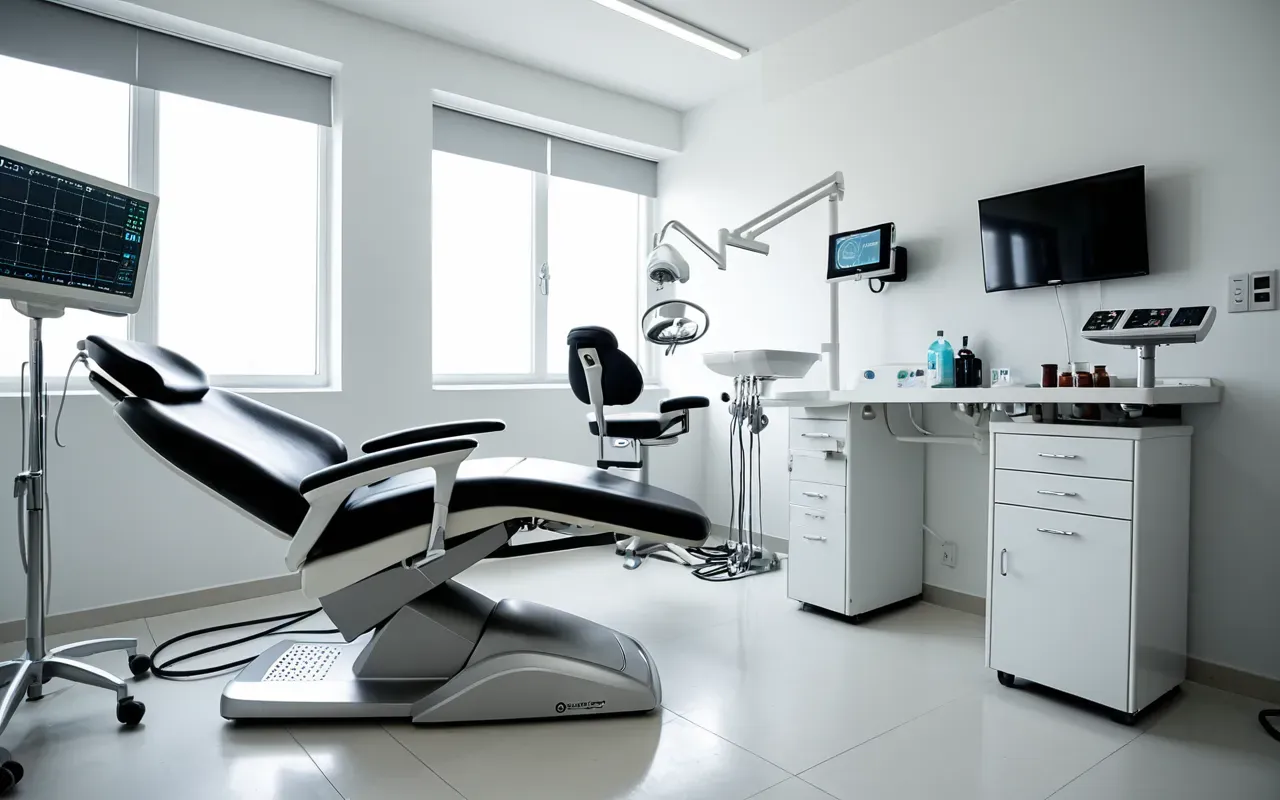 A close up view of a modern dental chair and high tech equipment in a clean white room. Soft lighting highlights the medical tools.