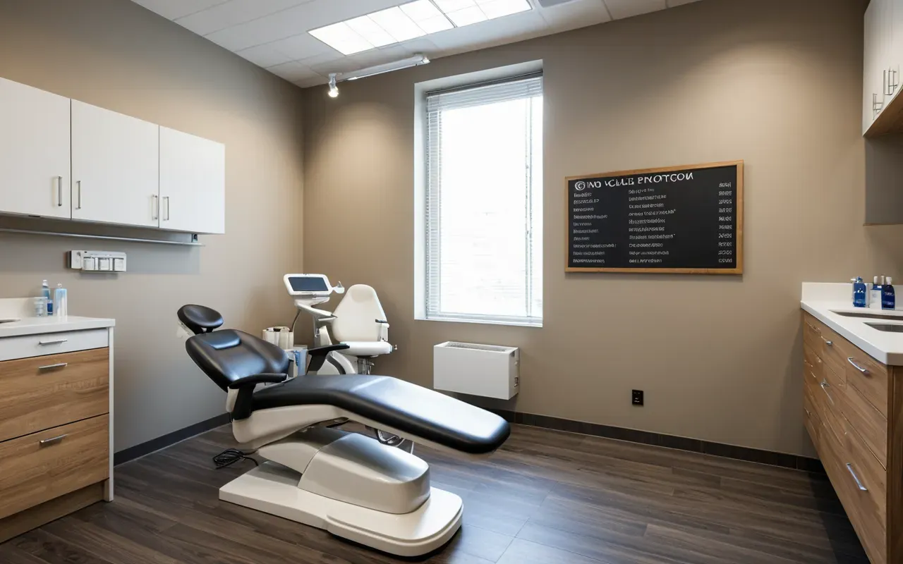 A contemporary dental treatment room with ergonomic furniture, natural wood accents, and bright soft lighting that emphasizes a calm and professional environment.