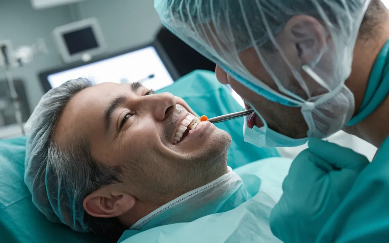 dental bonding tedavisi A dental doctor applying a tooth-colored composite resin to fix a small chip on an upper incisor using precision tools in a sterile modern operating room with white walls.