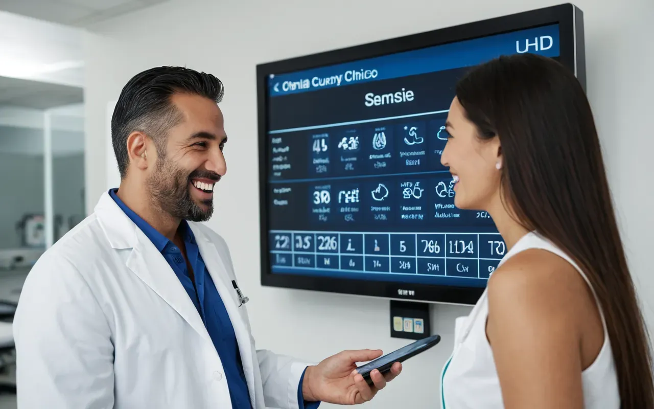 diş estetiği danışmanlığı A dental professional explaining a treatment plan to a patient using a large digital display showing smile simulation graphics in a modern clinic office with natural light.
