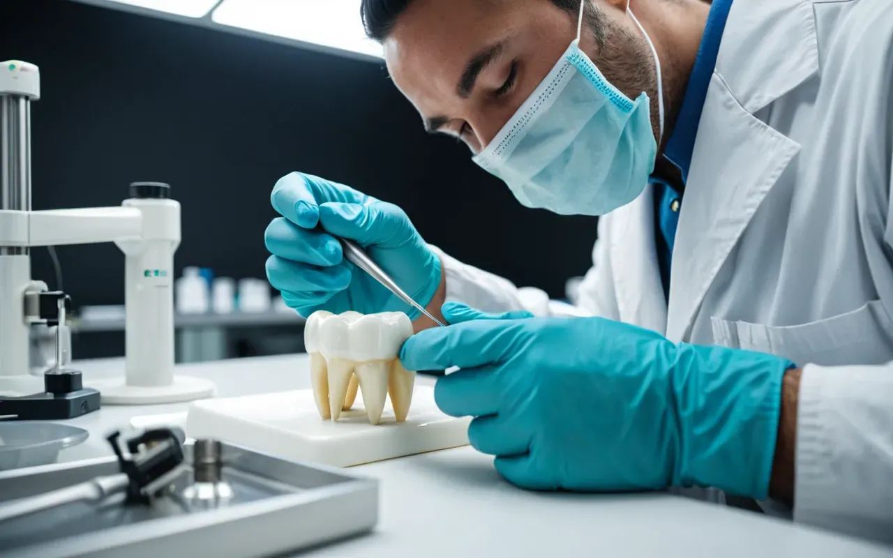 A dental technician wearing gloves carefully polishing a white ceramic tooth crown using precision tools under bright focused light in a sterile modern laboratory room.