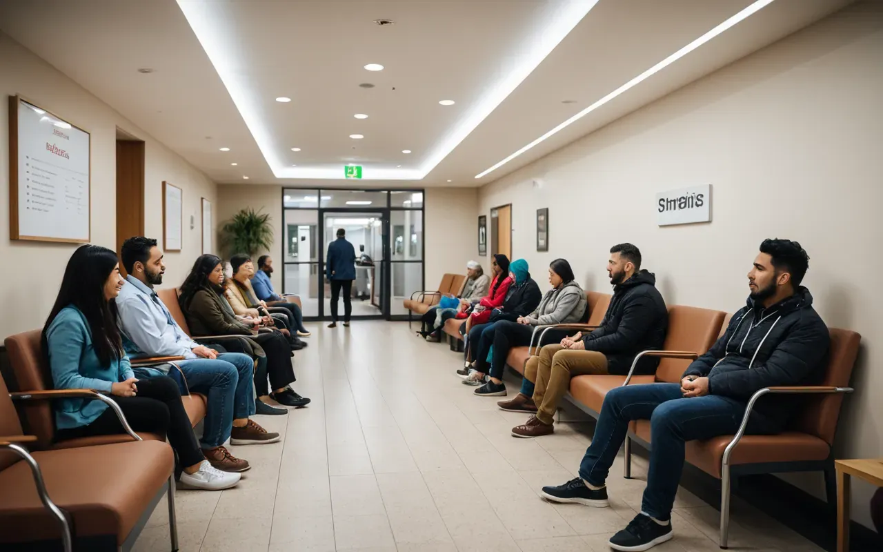 A diverse group of patients sitting in a modern waiting area with comfortable chairs and soft ambient lighting, creating a relaxed atmosphere.