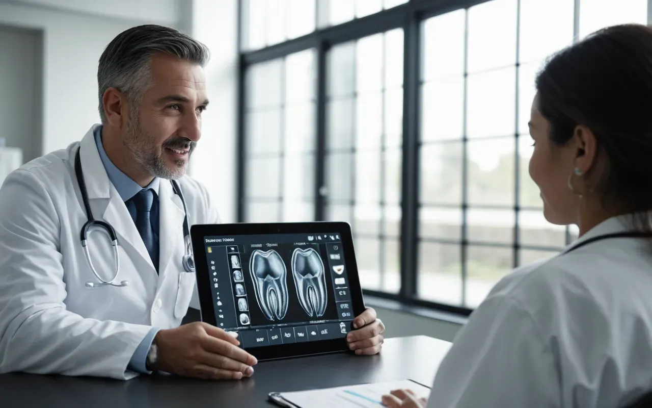 diş hekimliği danışmanlık süreci A doctor and patient sitting together at a modern consultation desk with a tablet showing dental scans on screen engaged in conversation with natural window lighting creating a professional atmosphere