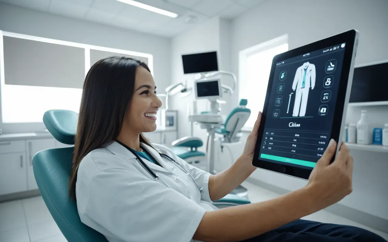 geleceğin diş estetiği A futuristic dental clinic interior with a dentist using advanced digital tools to plan smile aesthetics on a tablet screen while a patient observes in the chair.