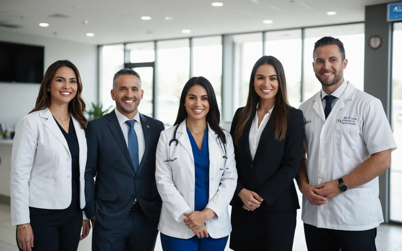 A group of professional business people and medical staff standing together in a modern clinic lobby. They are smiling and looking confident.