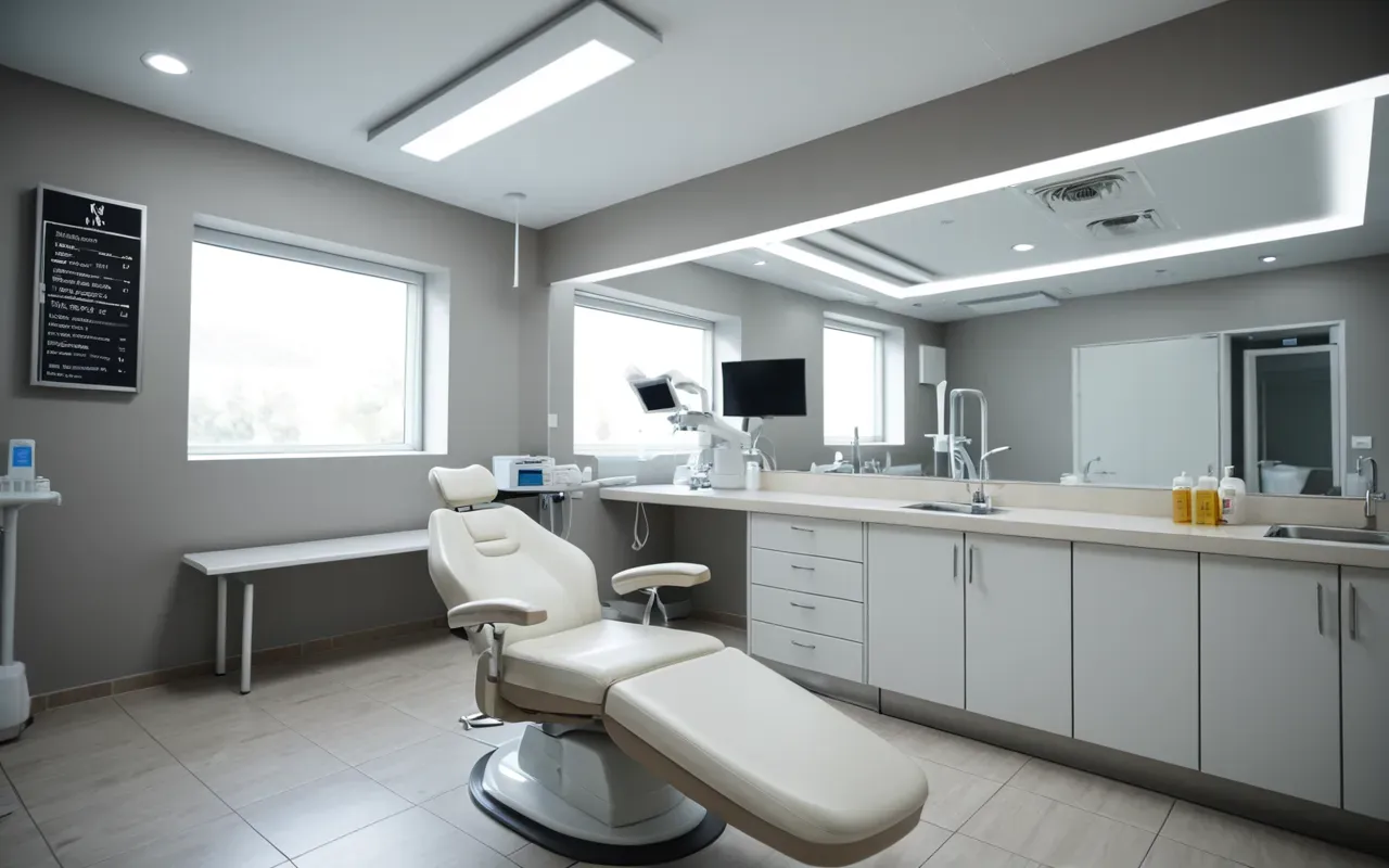 A modern dental clinic interior showing a comfortable chair and bright overhead lights. A dentist in white scrubs is holding a small mirror, looking attentively at the patient's mouth area with soft natural lighting from large windows.