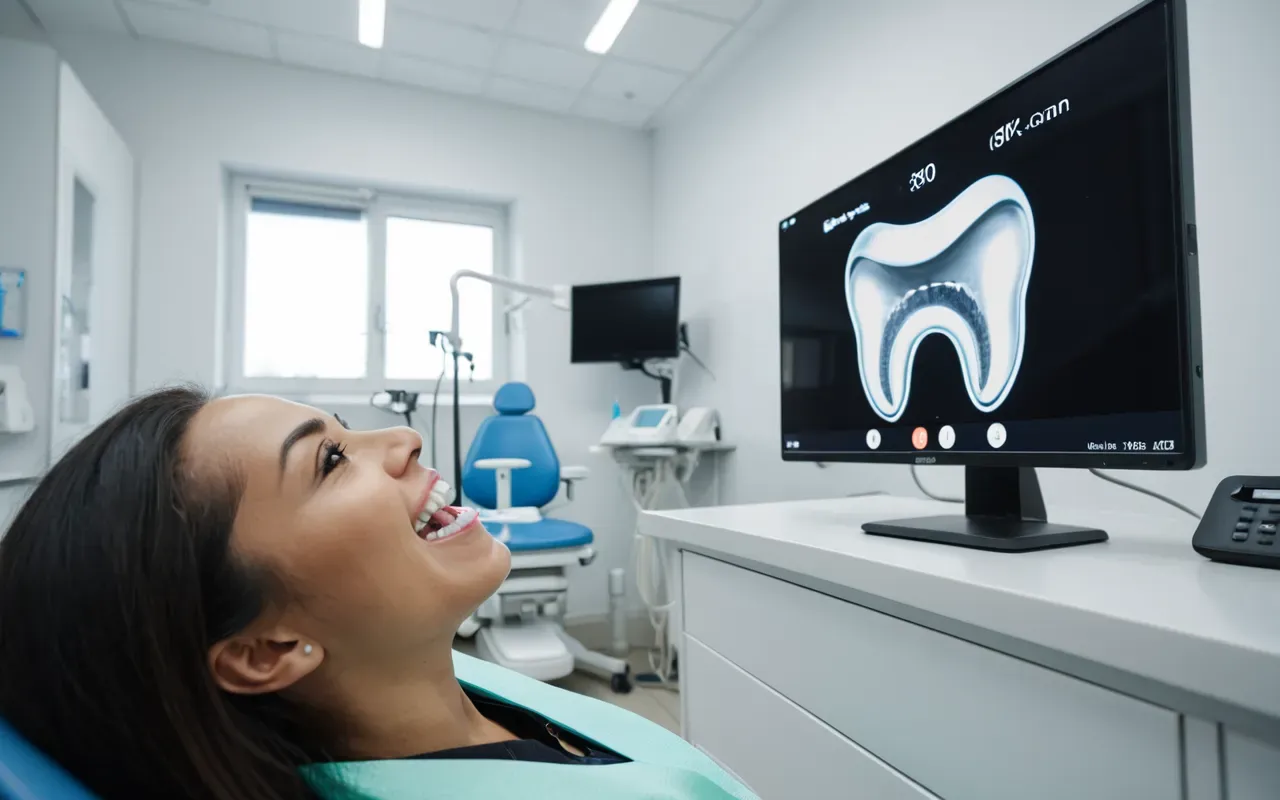 A modern dental clinic interior with a dentist using an intraoral camera to scan teeth while showing the live digital model on a large monitor in a bright clean environment.
