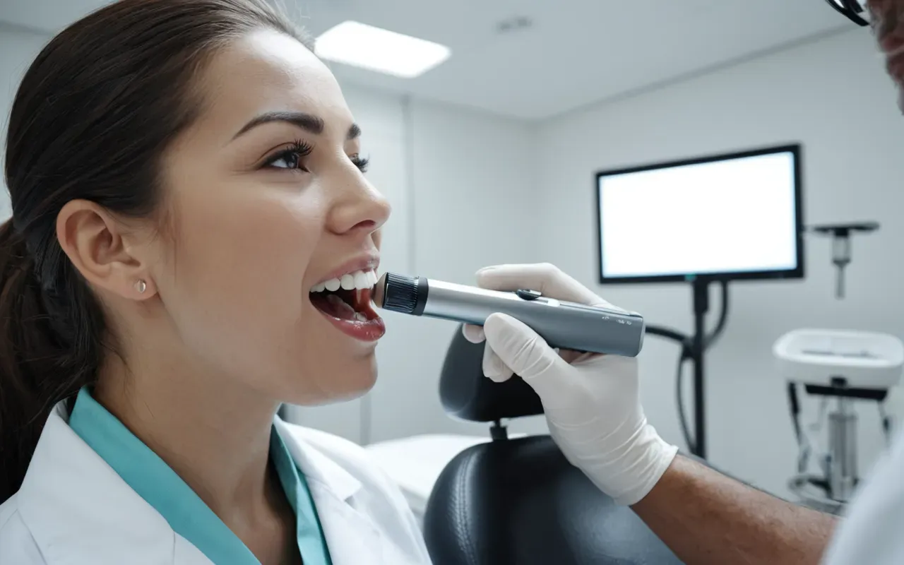 diş muayenesi A modern dental clinic interior with a dentist in white scrubs examining a patient's mouth using an intraoral camera under bright clinical lighting, showing professional medical environment.
