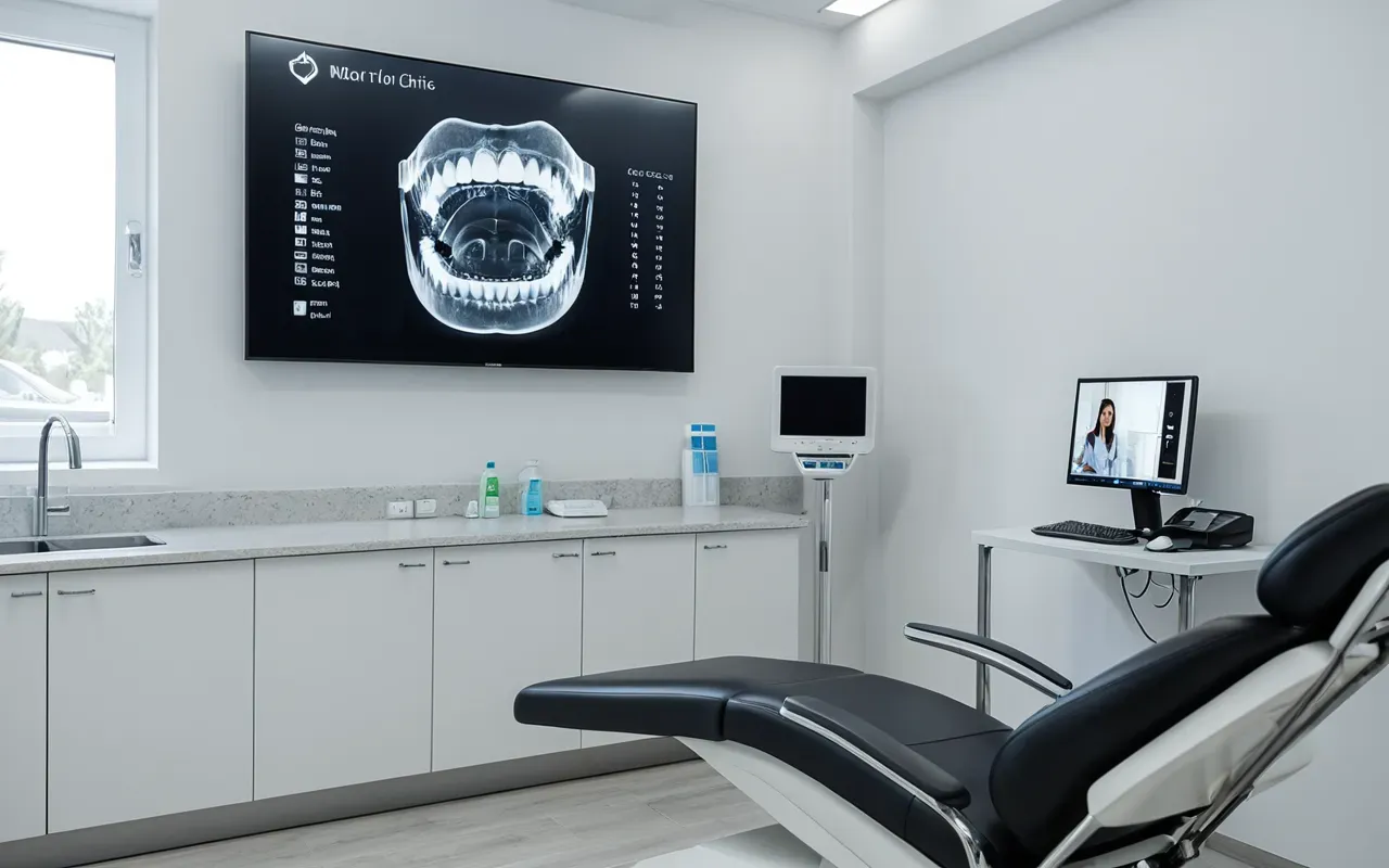 dijital diş taraması A modern dental clinic interior with a patient sitting in a chair facing a large screen displaying a 3D digital scan of teeth. The room is bright with white and blue lighting. A dentist stands nearby holding a small optical scanner wand.
