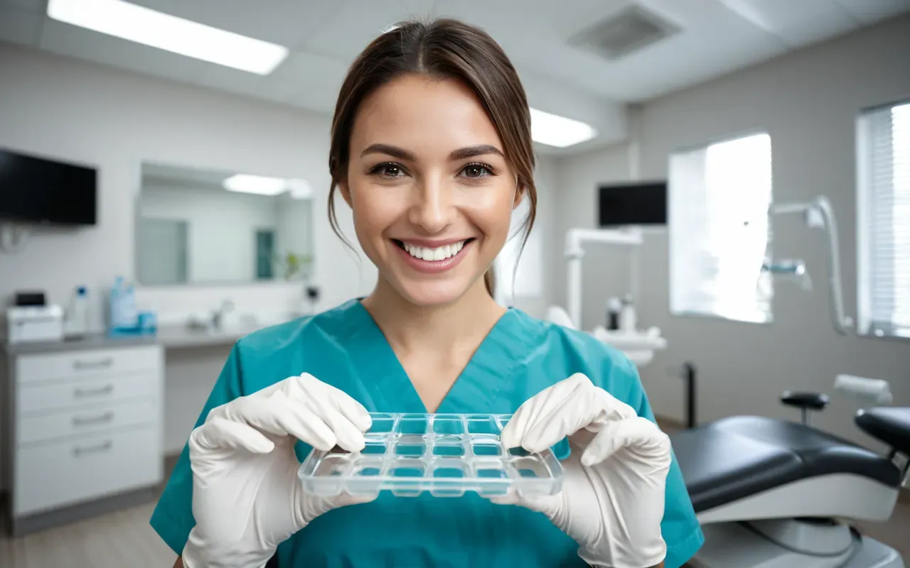 A modern dental clinic interior with a smiling patient holding clear aligner trays in front of a dentist wearing white gloves under bright clinical lighting.