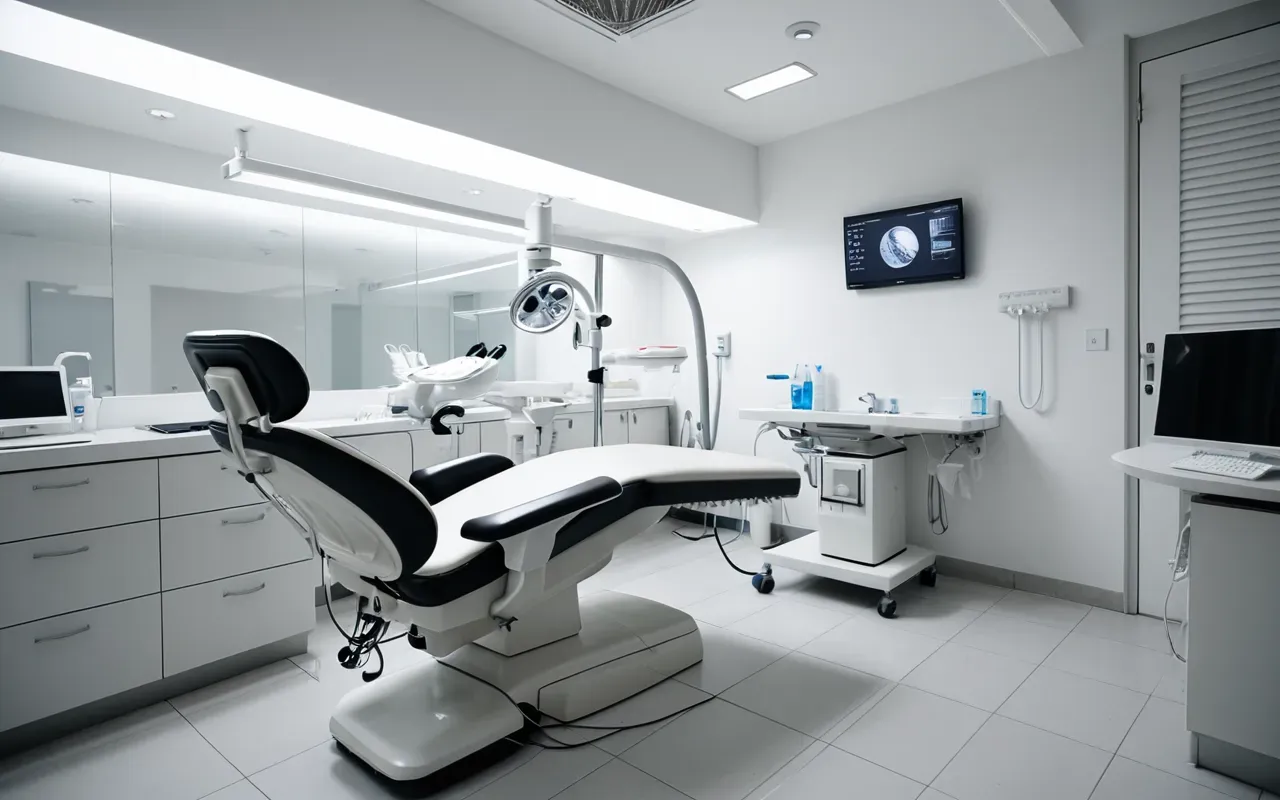 A modern dental clinic interior with bright lighting and a dentist in white coat showing equipment to an assistant. No text on any surfaces.