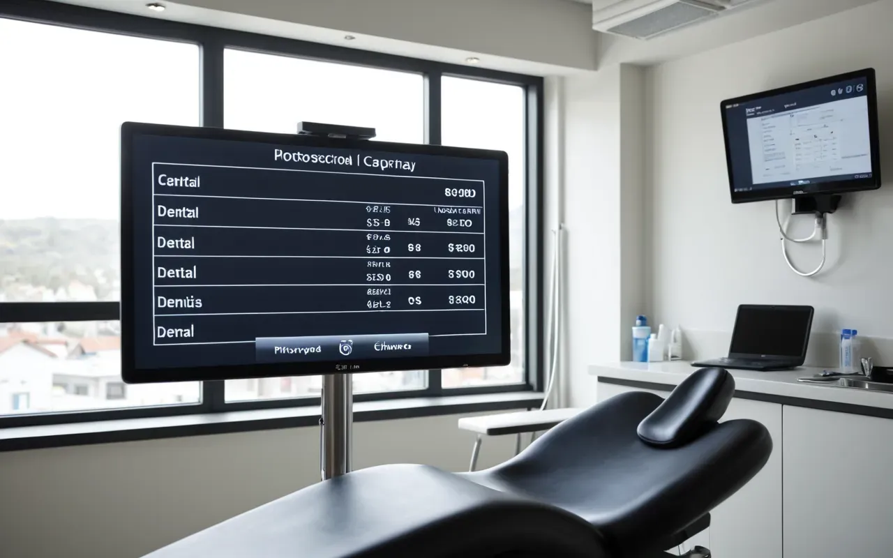 A modern dental clinic interior with bright natural lighting from large windows. A dentist is explaining a treatment plan to a patient using a digital screen showing facial profile data. The environment is clean and professional.