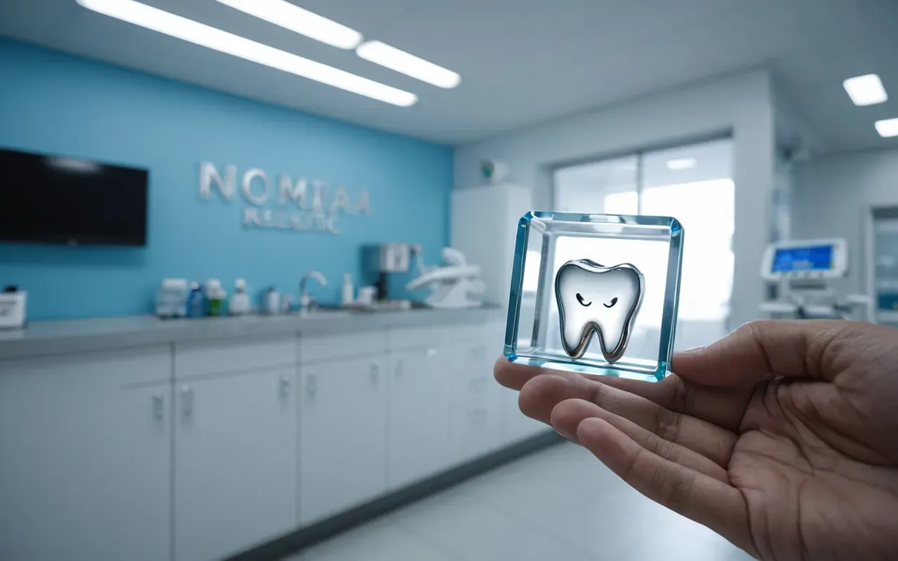 A modern dental clinic interior with soft blue lighting and a dentist in white scrubs holding a small transparent tooth model near a clean stainless steel work surface.