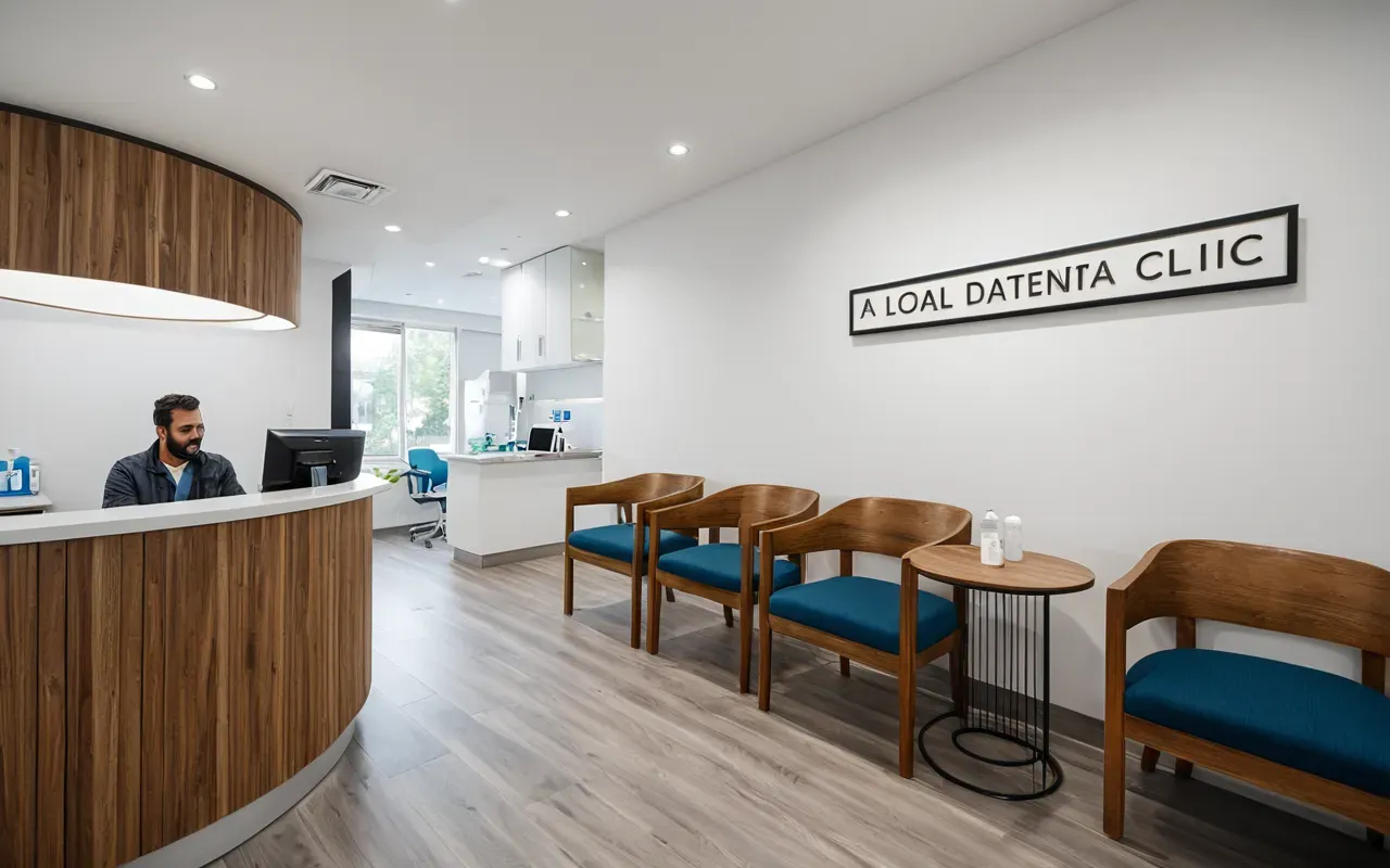 diş kliniği seçme rehberi A modern dental clinic reception area with clean white walls and a wooden desk. Two patients are seated comfortably in bright chairs while waiting for their appointments. The room is filled with natural light from large windows, creating a calm and professional atmosphere.