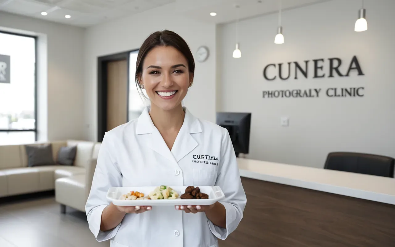 A modern dental clinic reception area with clean white furniture and a patient smiling while holding clear aligner trays in soft natural lighting.